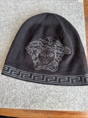 Versace Black and Gray Knit Beanie with Greek Key